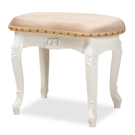 Baxton Studio Gabrielle Sand Velvet Upholstered White-Finished Wood Vanity Ottoman 162-10254